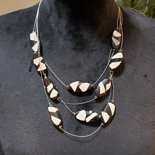 Womens Black White Beaded Silver Tone Chain Necklace Jewelry with Lobster Clasp