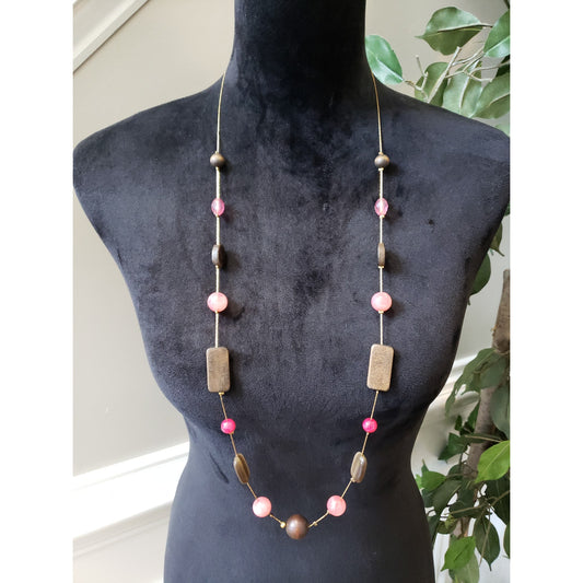 Women's Long Pink Brown Beaded Necklace Lobster Clasp Lightweight Boho Style