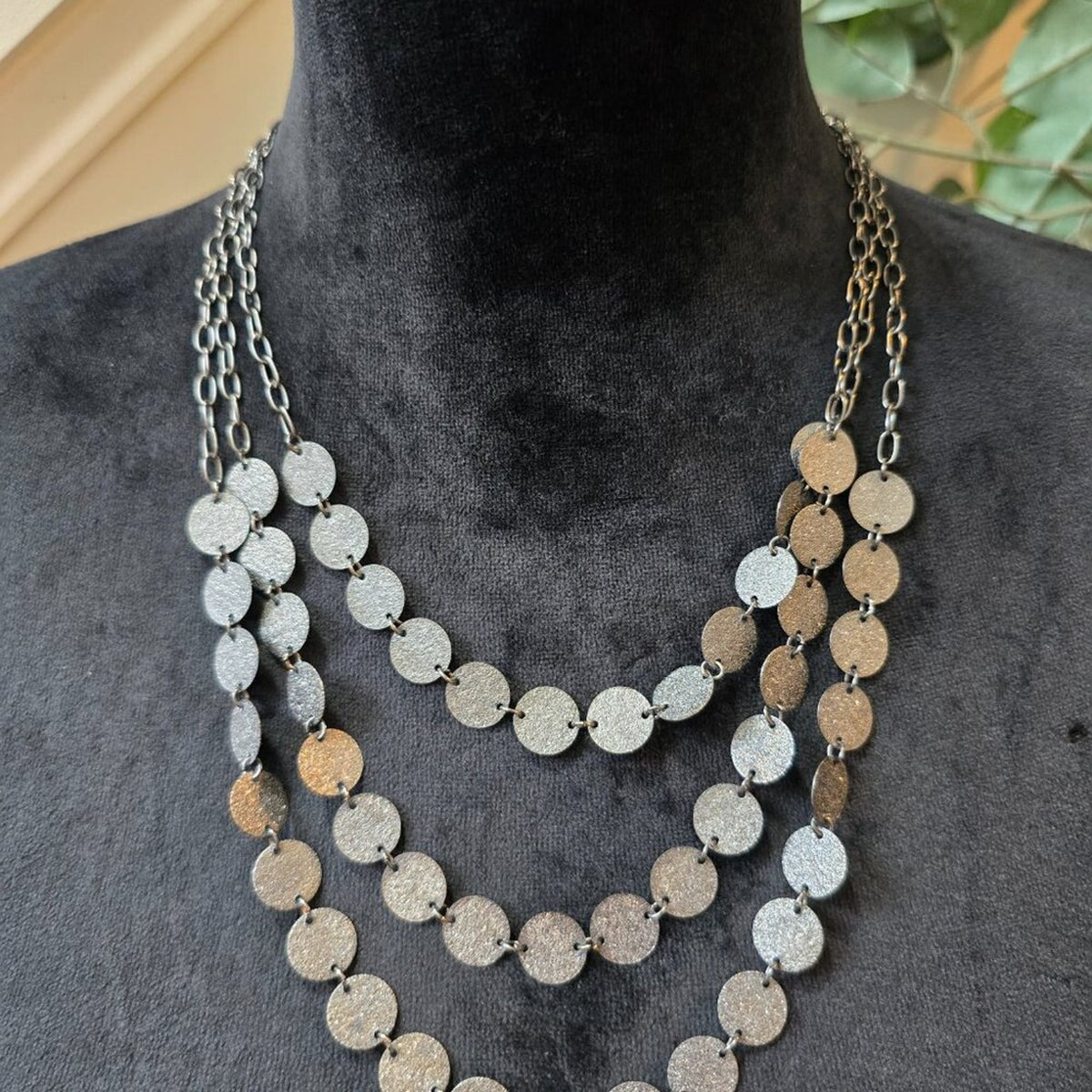 Womens Silver Tone Three Strands Metal Disks Necklace Jewelry with Lobster Clasp