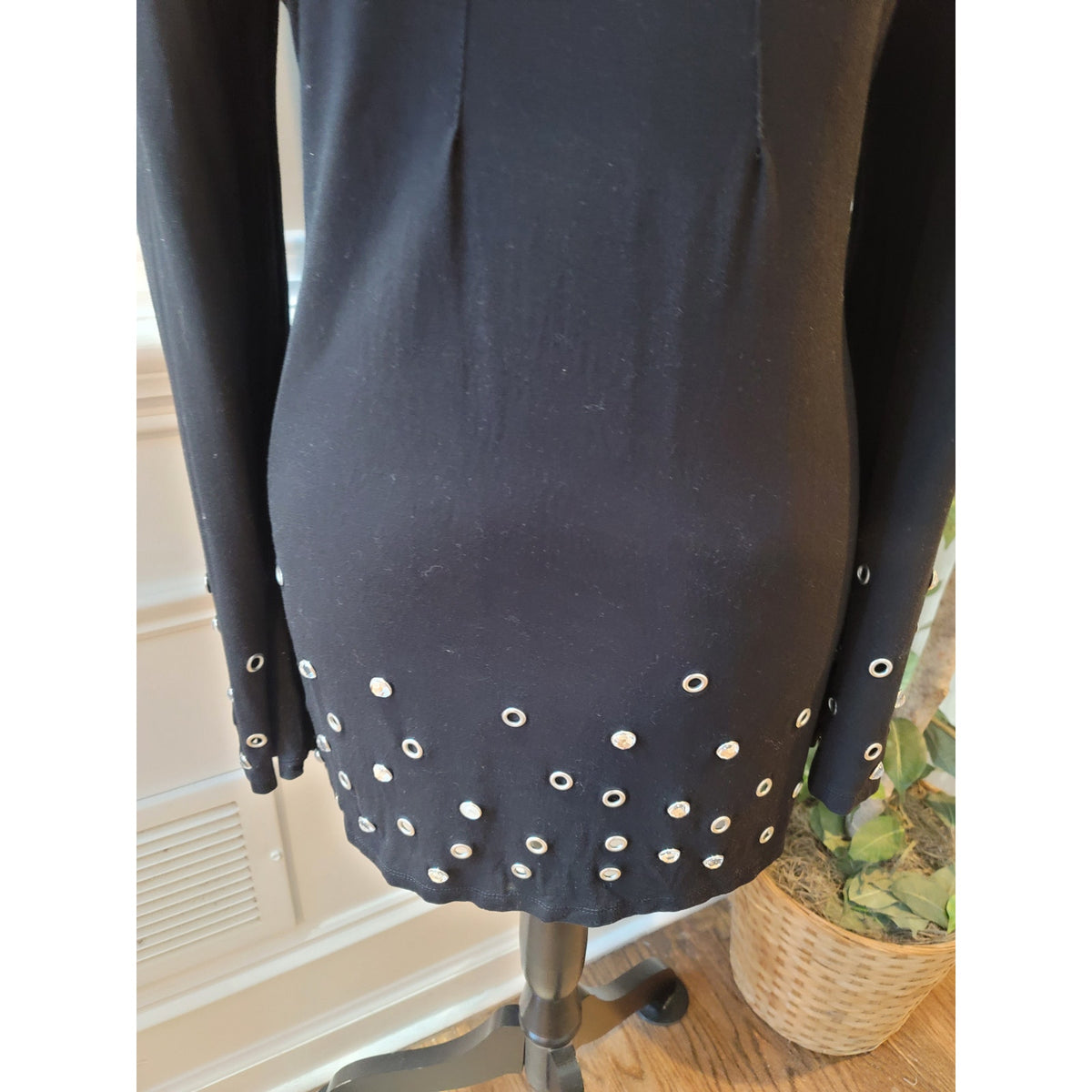 INC International Concepts Blouse L Black Rhinestone Grommet Embellished Scoop