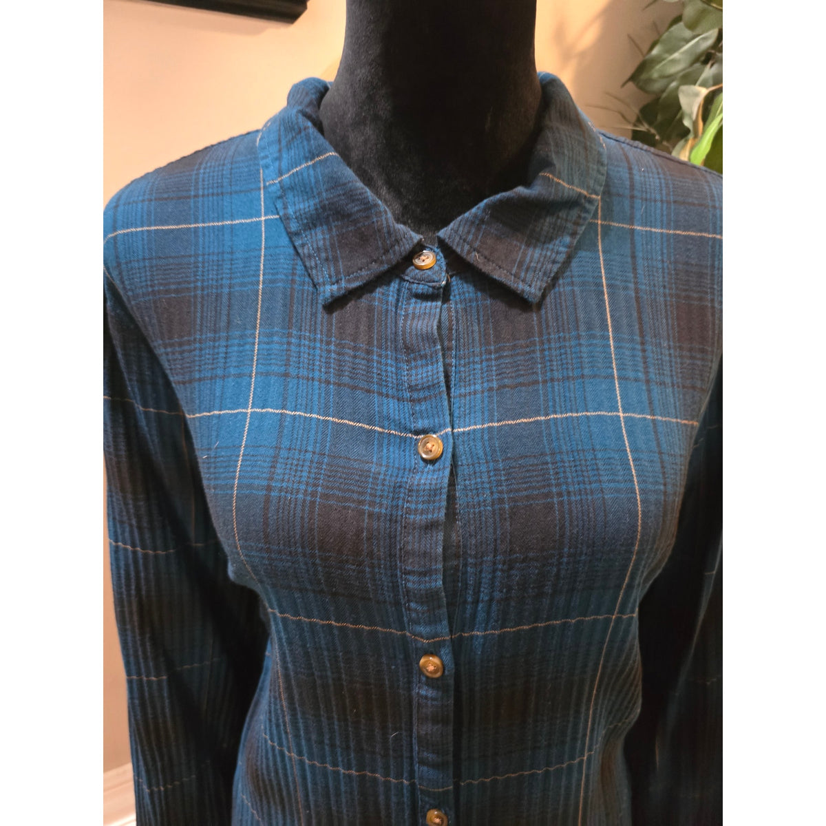 J. Jill Shirt Dress 2X Navy Blue Cotton Plaid Pleated Collared Casual Button-Up