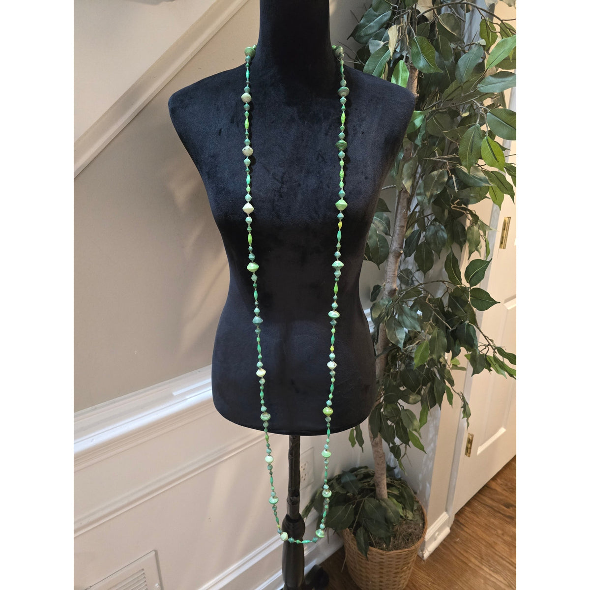 Women's Green Beaded Double Strand Necklace Paper Bead Long Boho Statement