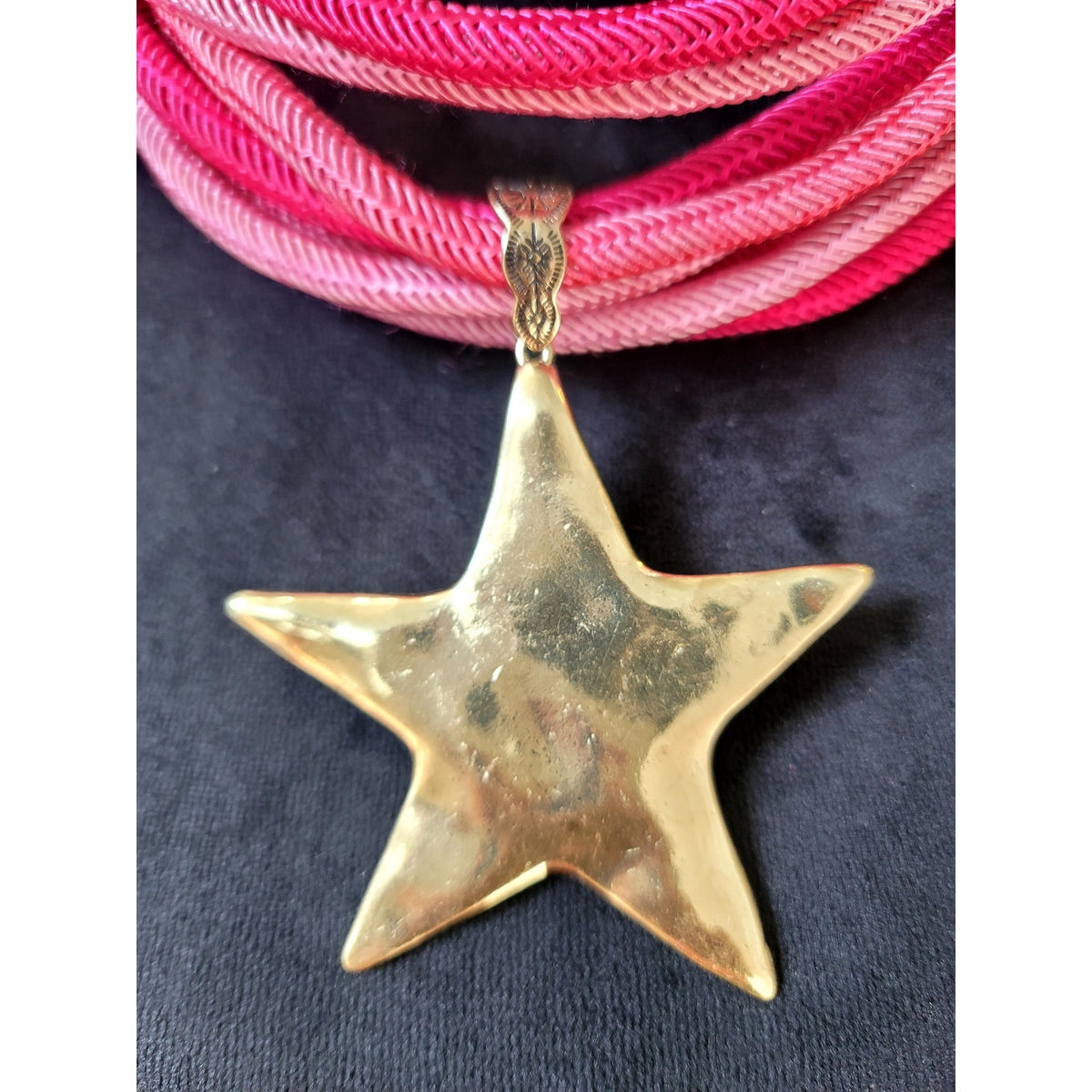 Pink Multi Strand Cord Necklace Large Gold Tone Star Pendant Statement Jewelry