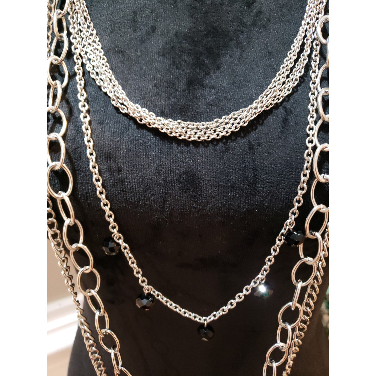 You & i Womens Silver Tone Multi Chains Black Ball Beaded Statement Necklace