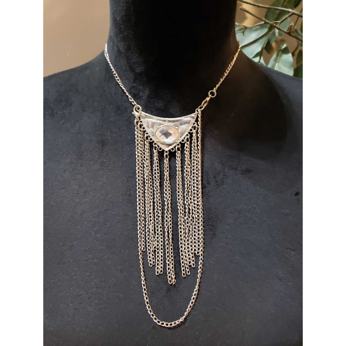 Women Silver Tone Faceted Crystal Multi Chain Fringe Necklace with Lobster Clasp