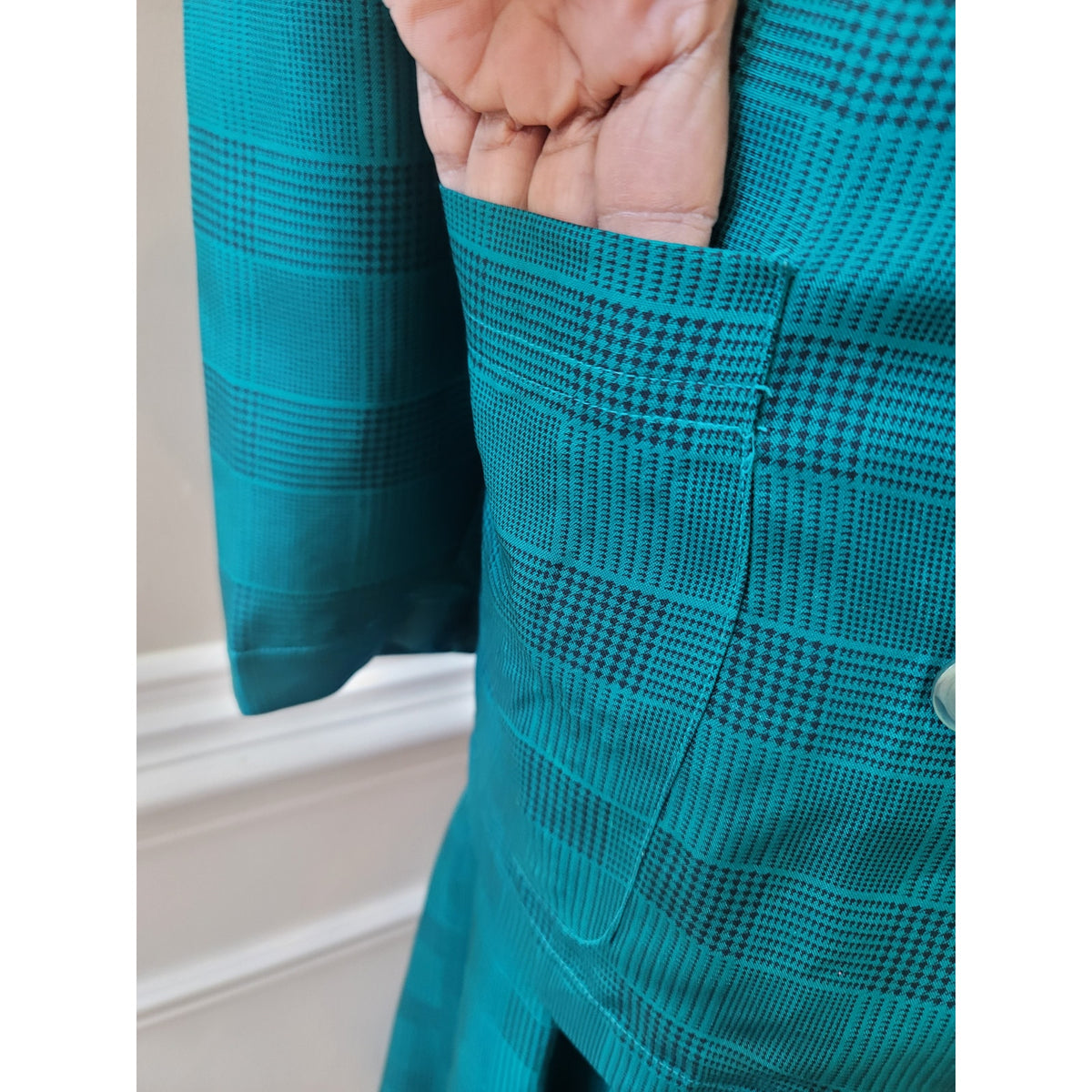 Vintage Silk Club Skirt Suit Medium Teal Green Houndstooth Plaid  Blazer