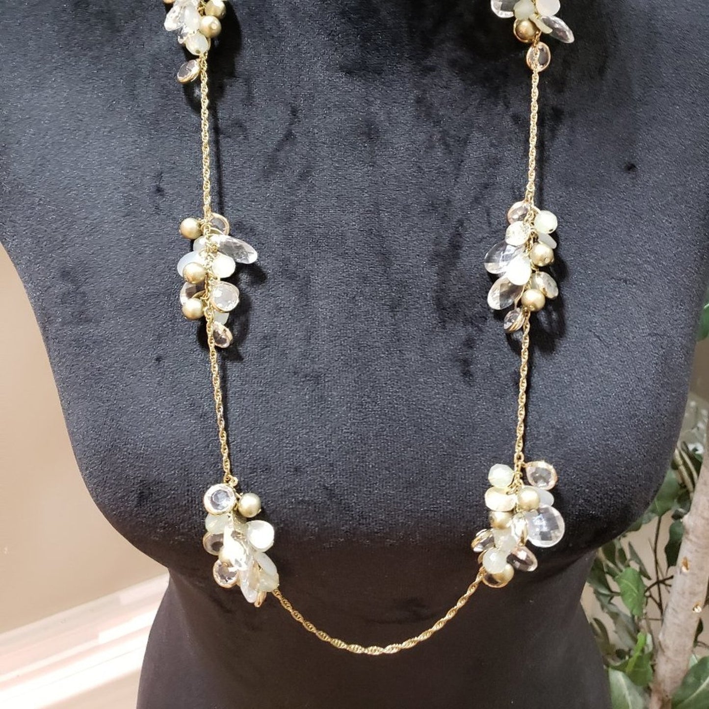 Womens Gold Tone Faux Pearl Rhinestones Crystal Statement Necklace
