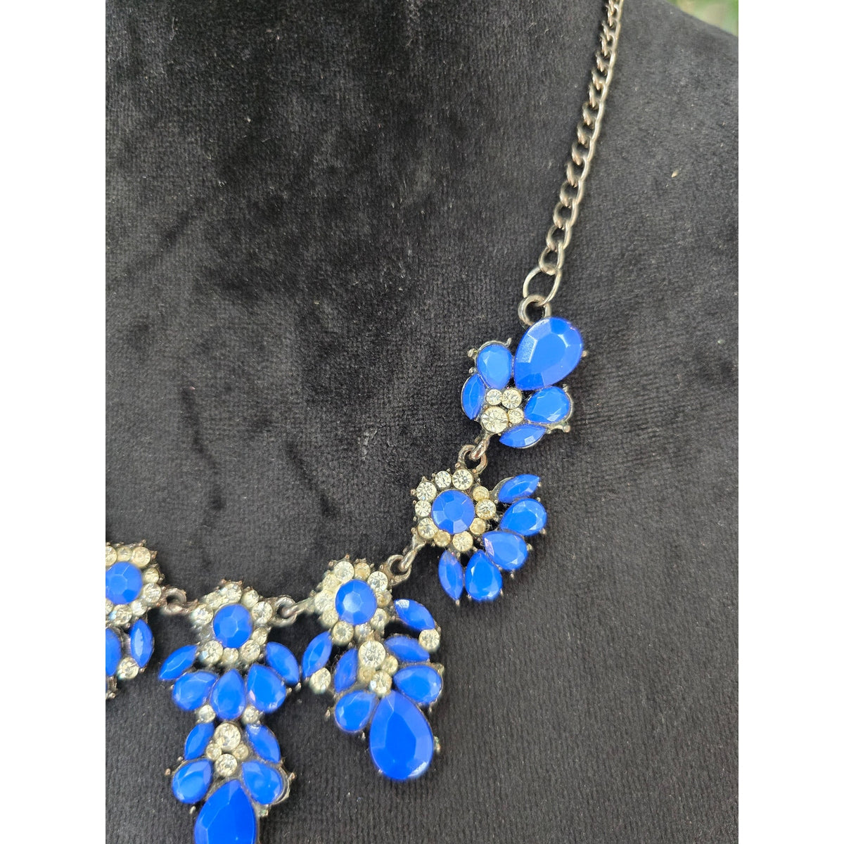 Royal Blue Rhinestone Crystal Floral Bib Statement Necklace