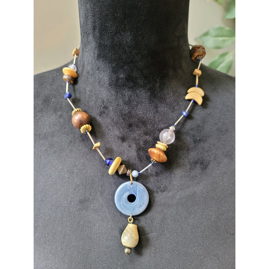 Women's Boho Wood Beaded Necklace With Loop Hook Lock And Blue Resin Pendant