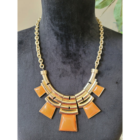Womens Statement Gold Chain Necklace With Orange Geometric Pendants Lobster Lock