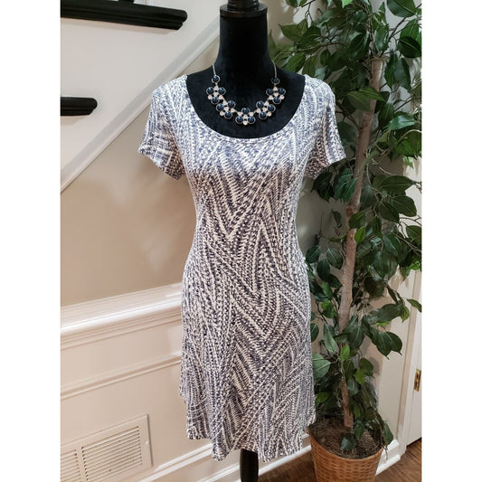 Ronni Nicole Womens White & Blue Polyester Short Sleeve Round Neck Shift Dress S
