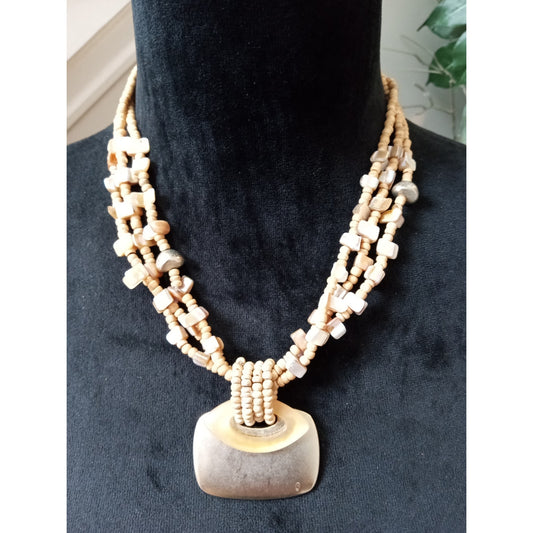 Chico's Wood Beaded Multi Strand Pendant Necklace Boho Tribal Statement