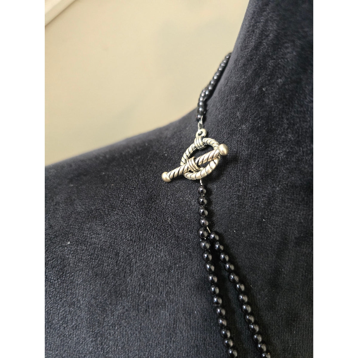Black Cream Striped Beaded Double Strand Half Moon Pendant Necklace