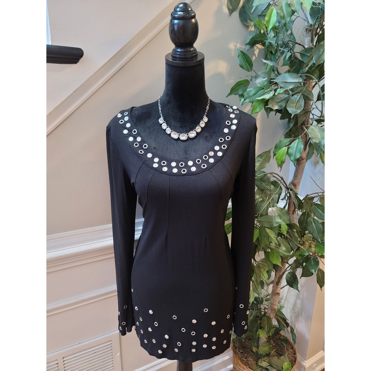 INC International Concepts Blouse L Black Rhinestone Grommet Embellished Scoop