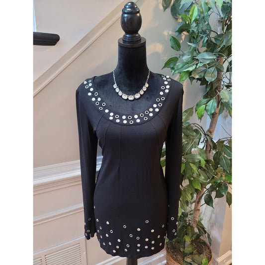 INC International Concepts Blouse L Black Rhinestone Grommet Embellished Scoop