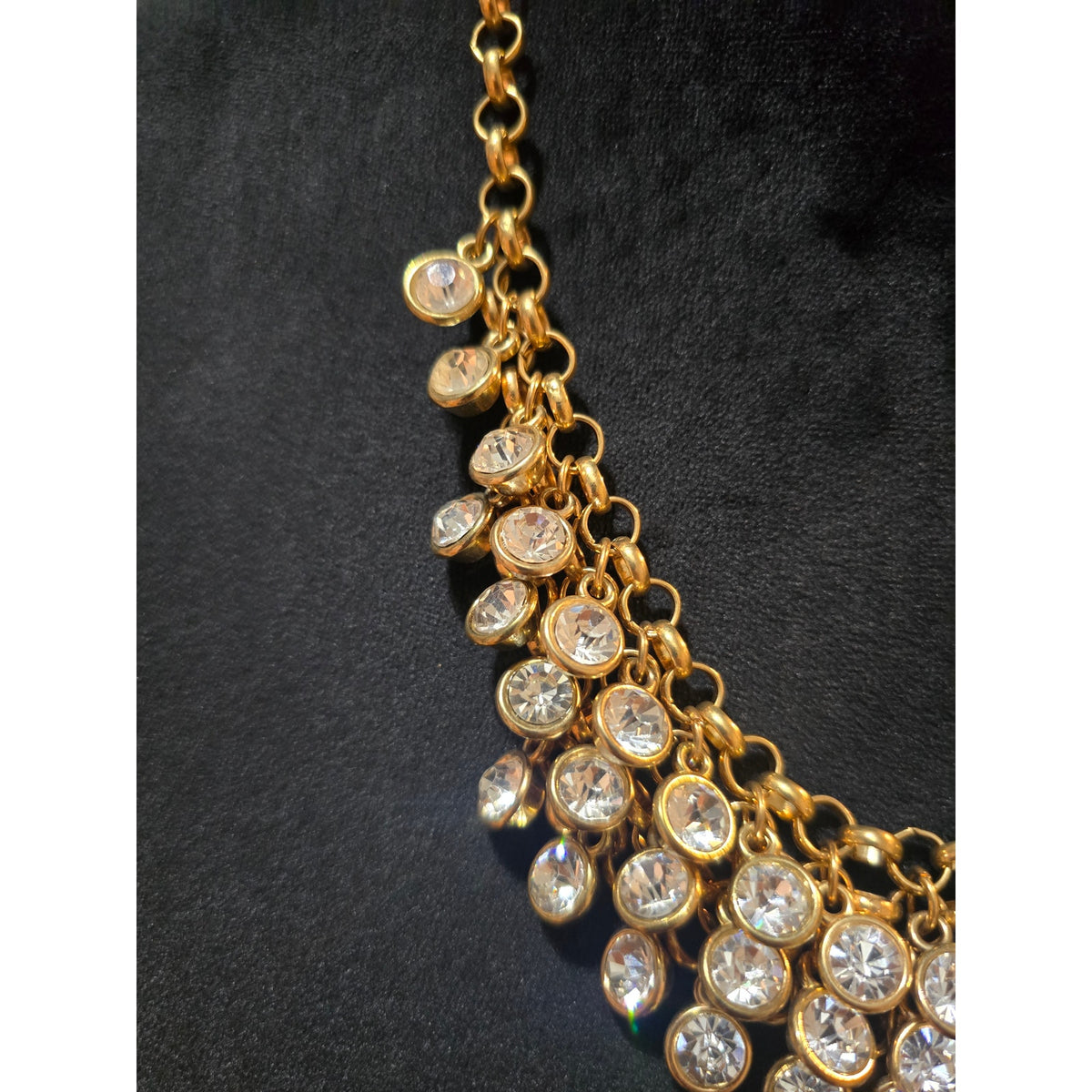 Gold Tone Rhinestone Lobster Bib Necklace Statement Layered Chain Dangle Crystal