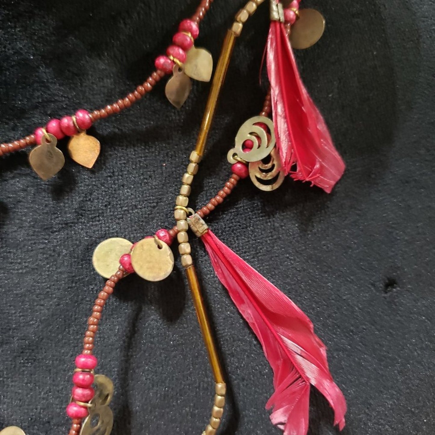 Womens Fashion Feather Beaded Three Strands Statement Charm Necklace w/ Lobster