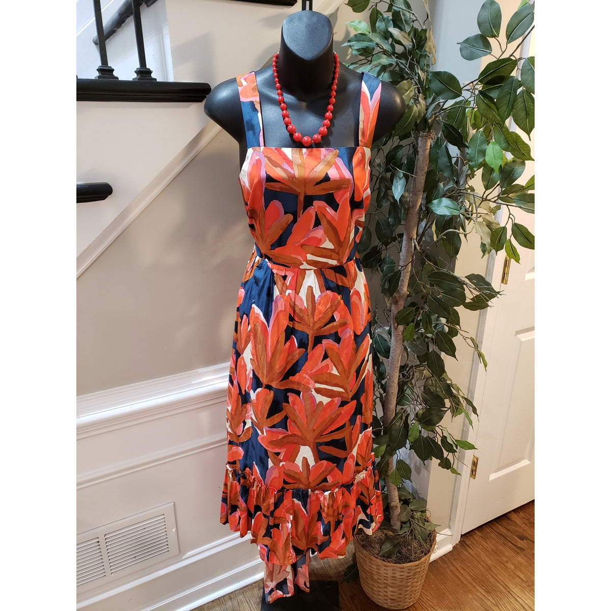 Who What Wear Maxi Dress Womens Small Orange Floral Cotton Pleated Square Neck
