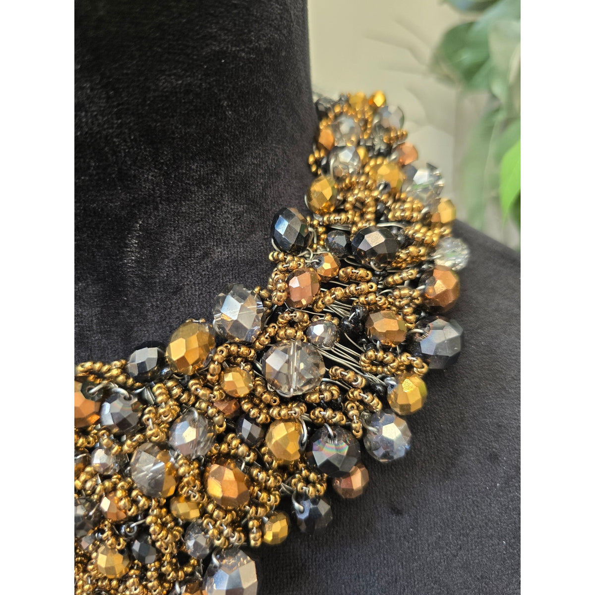 Aldo Gold Amber Bronze Crystal Beaded Layered Bib Collar Necklace