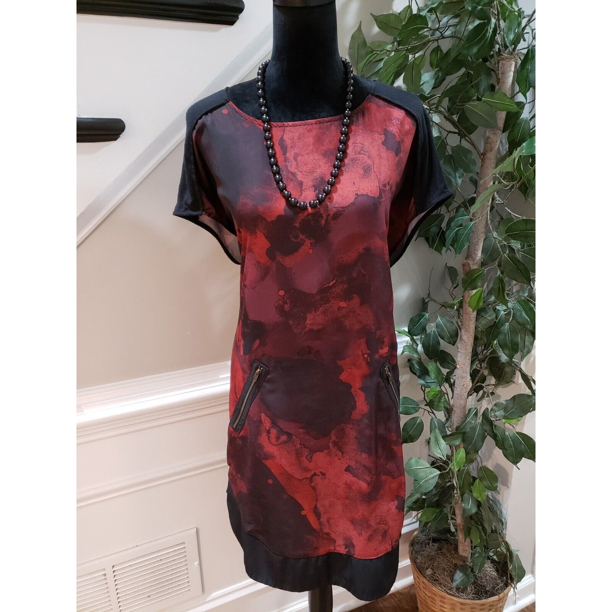 Mossimo Womens Black Burgundy Tie Dye Polyester Round Neck Shift Dress Size XL