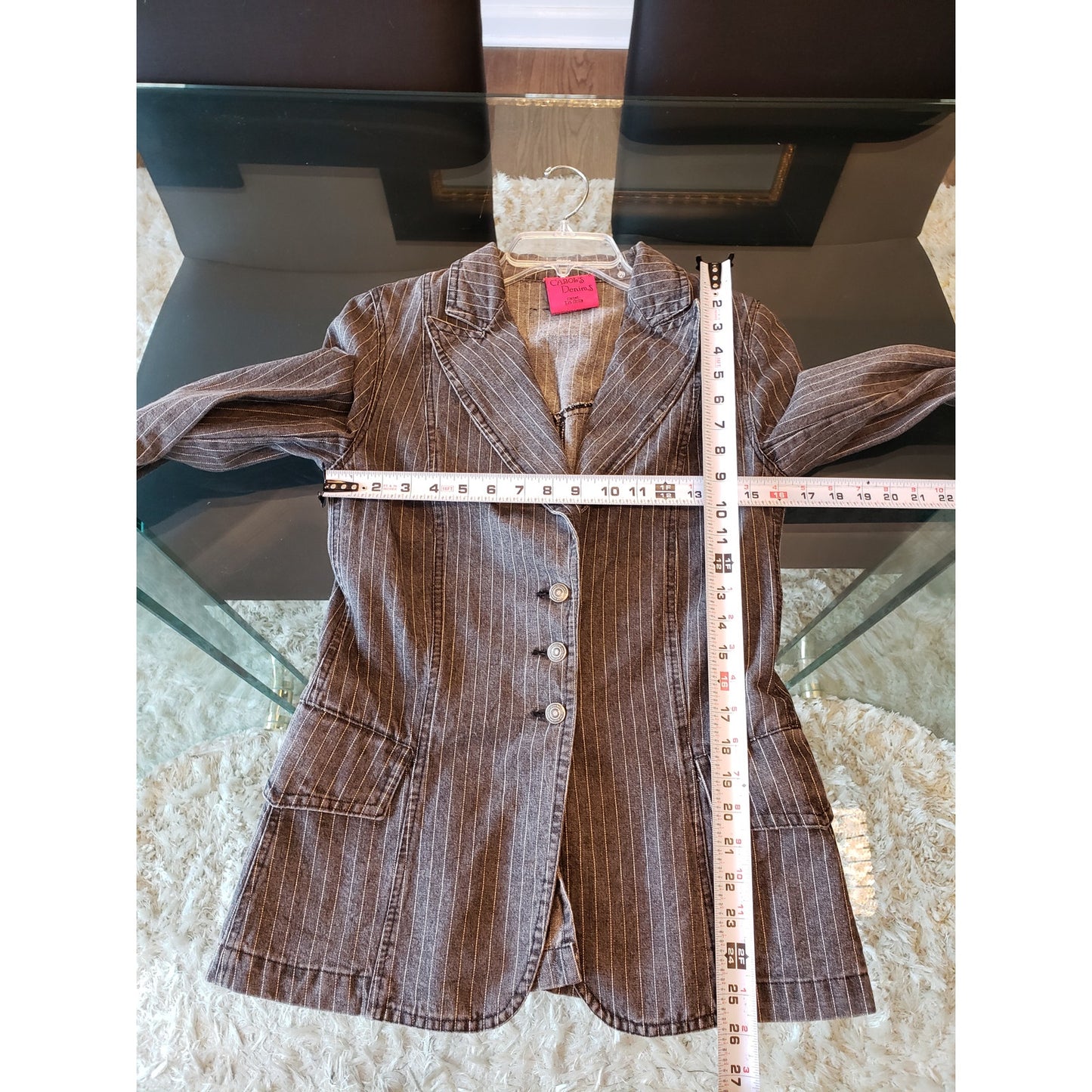 Carlo's Denims Blazer Jacket Women Small Gray Striped Peak Lapel Single Breasted