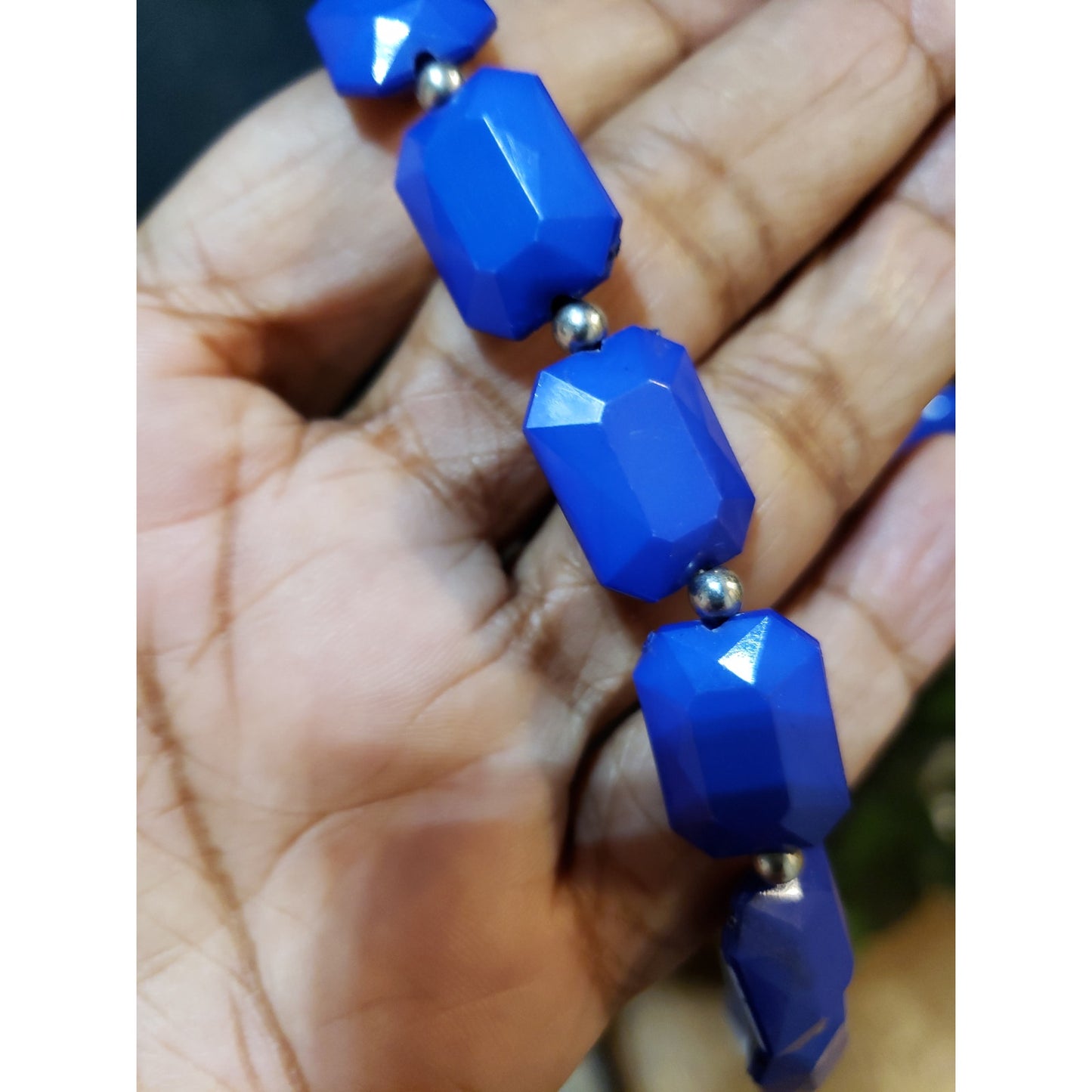 Women Fashion 2 Strand Blue Plastic Faceted Beads Link Chain Necklace w/ Lobster