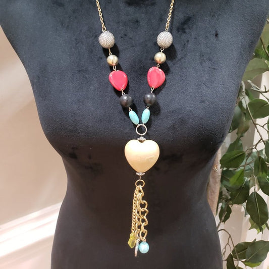 Womens Fashion Multicolor Stone Beads Heart Charm Long Pendant Necklace