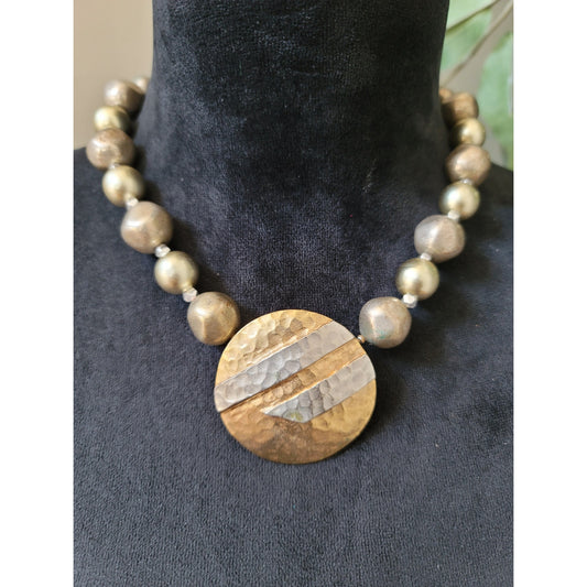 Women's Hammered Metal Pendant Beaded Statement Necklace with Lobster Clasp