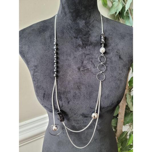 Women's Black Resin Pendant Necklace with Silver Tone Rings and Beads