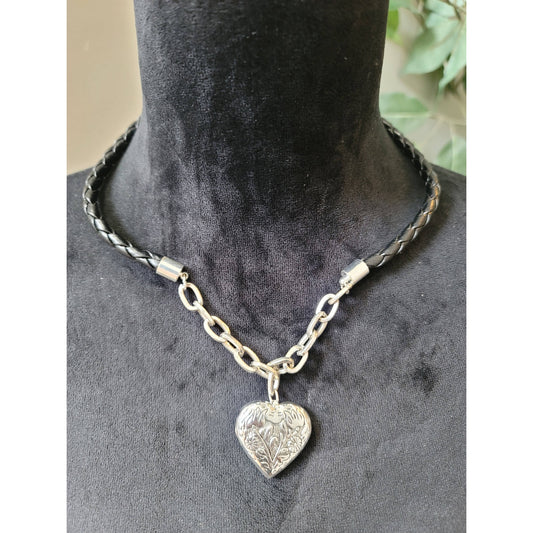 Women's Black Leather Braided Necklace with Silver Heart Locket Lobster Clasp
