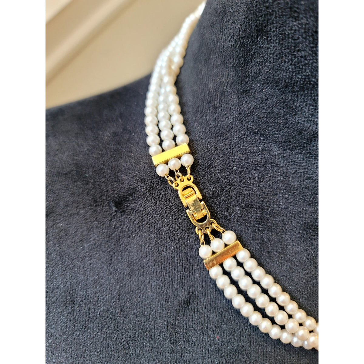 Vintage Triple Strand Faux Pearl Necklace Gold Tone Tube Spacer Statement Collar