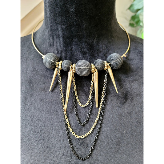 Black Mesh Ball Bead Fringe Choker Necklace Gold Tone Chain Gothic Statement