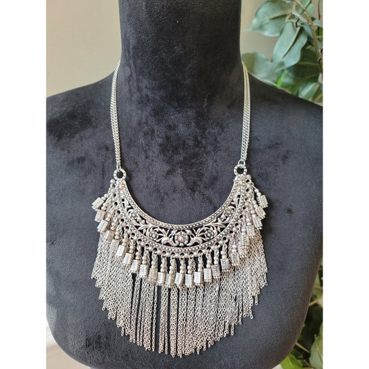 Womens Antique Silver Plated Bohemian Statement Necklace With Lobster Clasp Lock