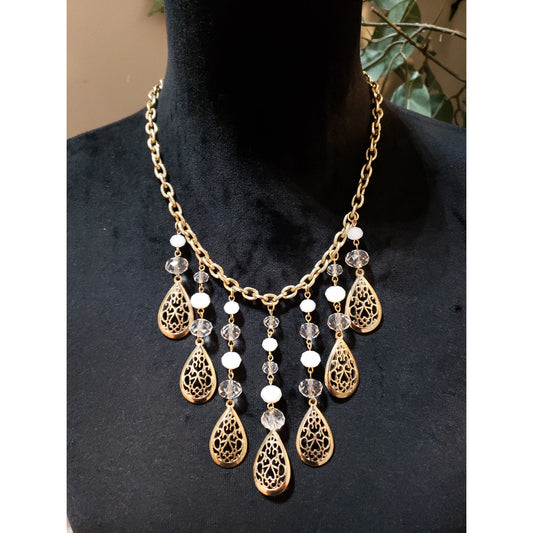 Womens Gold Tone Glass Acrylic Beads Filigree Teardrop Fringe Statement Necklace