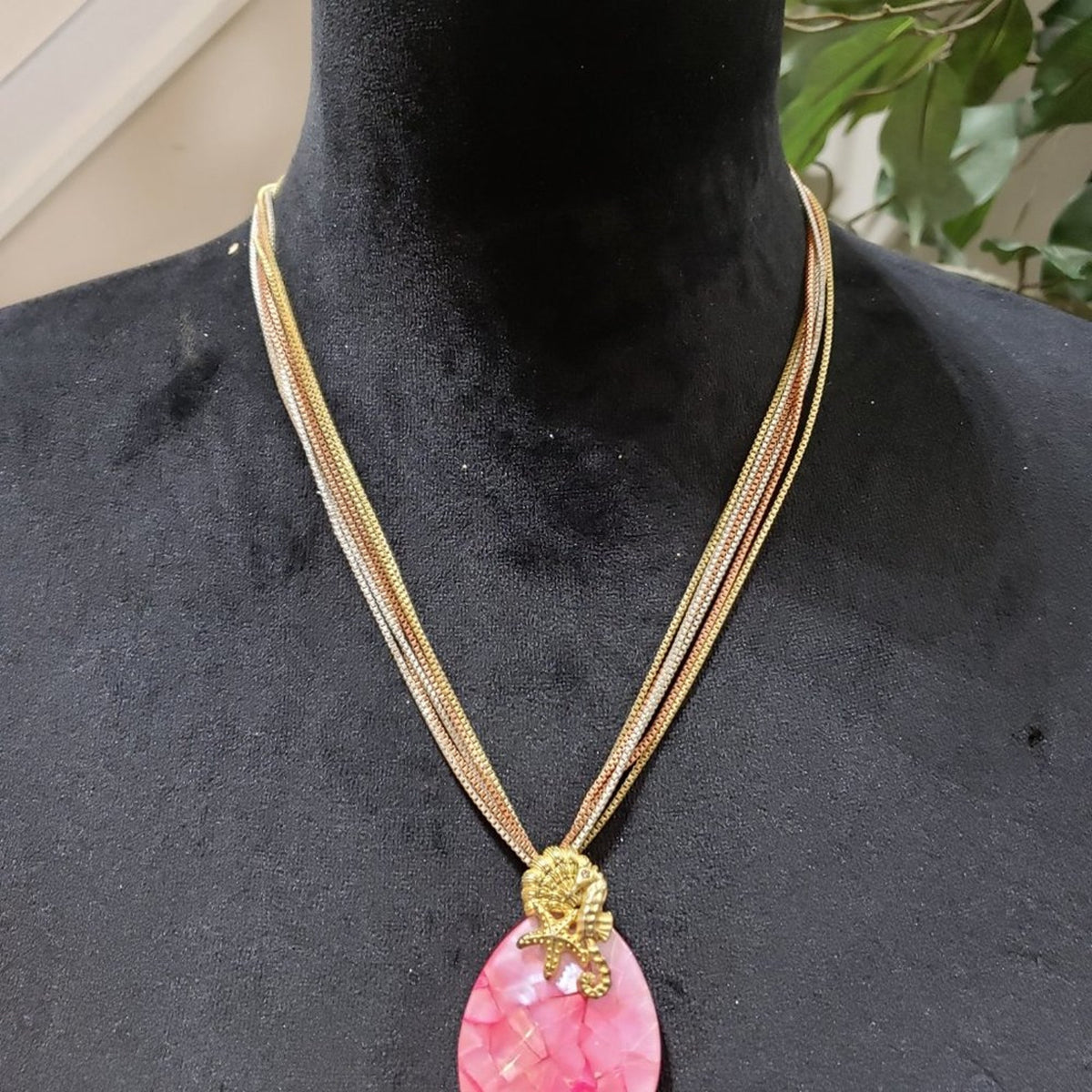 Womens Pink Rhodochrosite Pendant Multi Layer Chain Necklace with Lobster Clasp