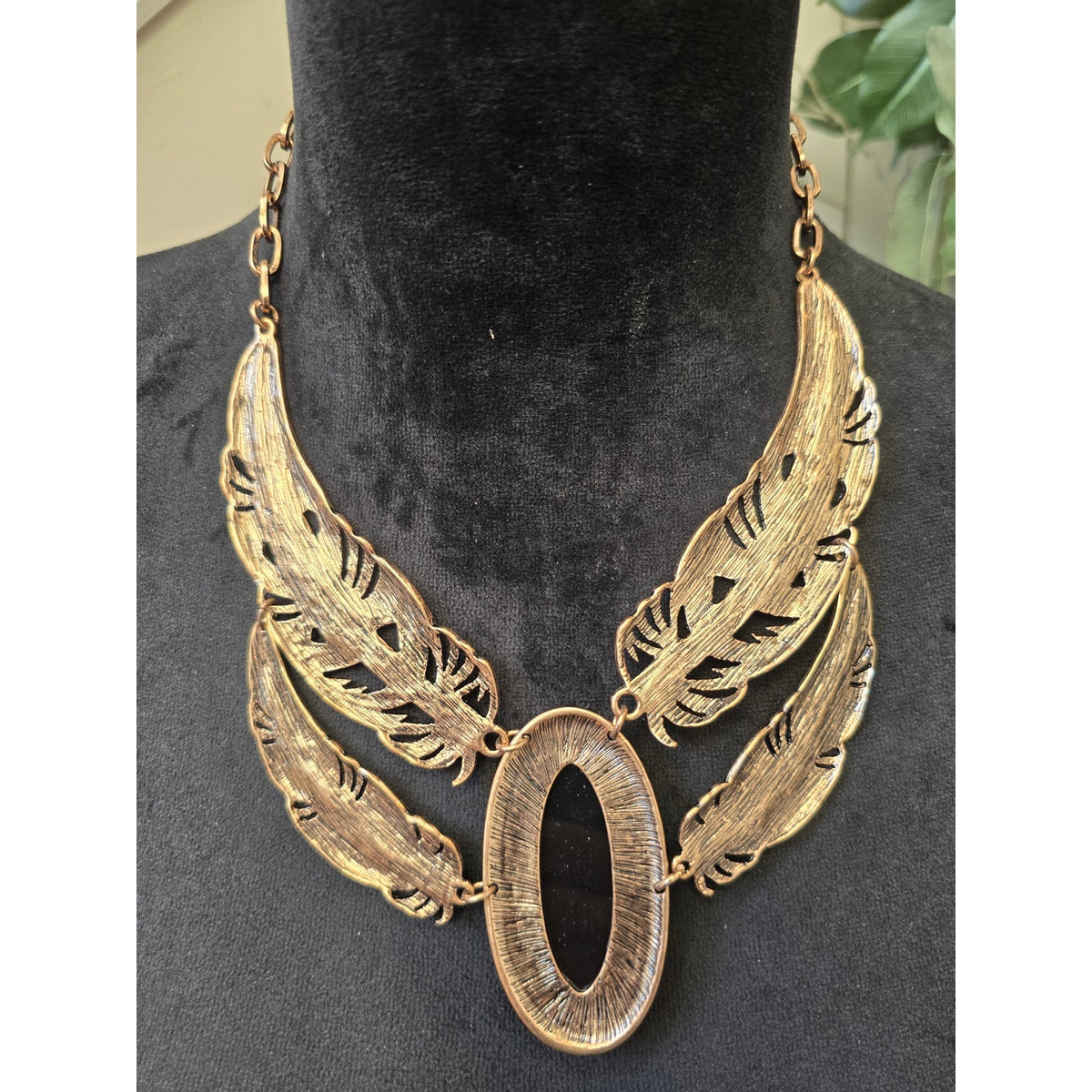 Mia Collection Gold-tone Layered Feather Black Onyx Necklace & Earrings Set