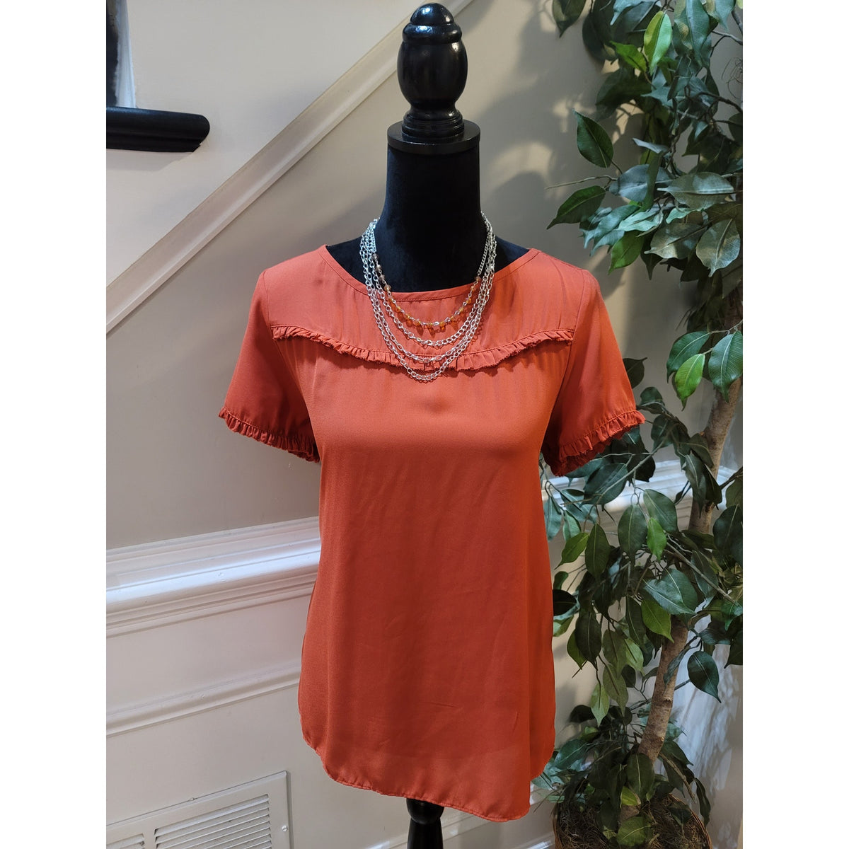 Loft Blouse Top Women's Medium Orange Gathered Ruffle Flutter Sleeve Boat Neck