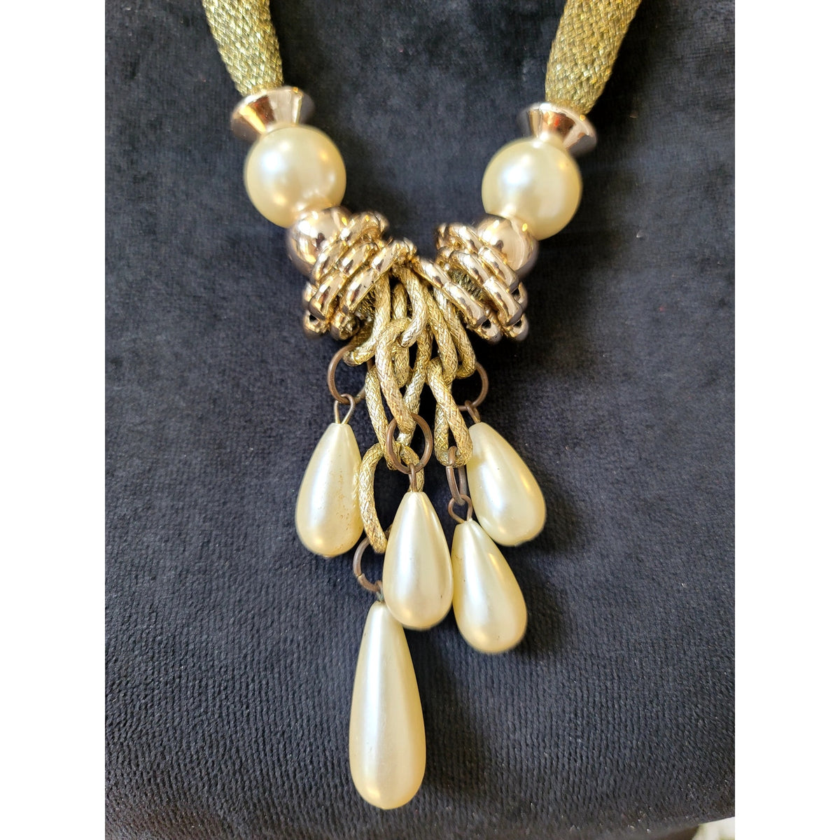 Gold Tone Mesh Multi-Strand Necklace with Ivory Teardrop Dangles Statement