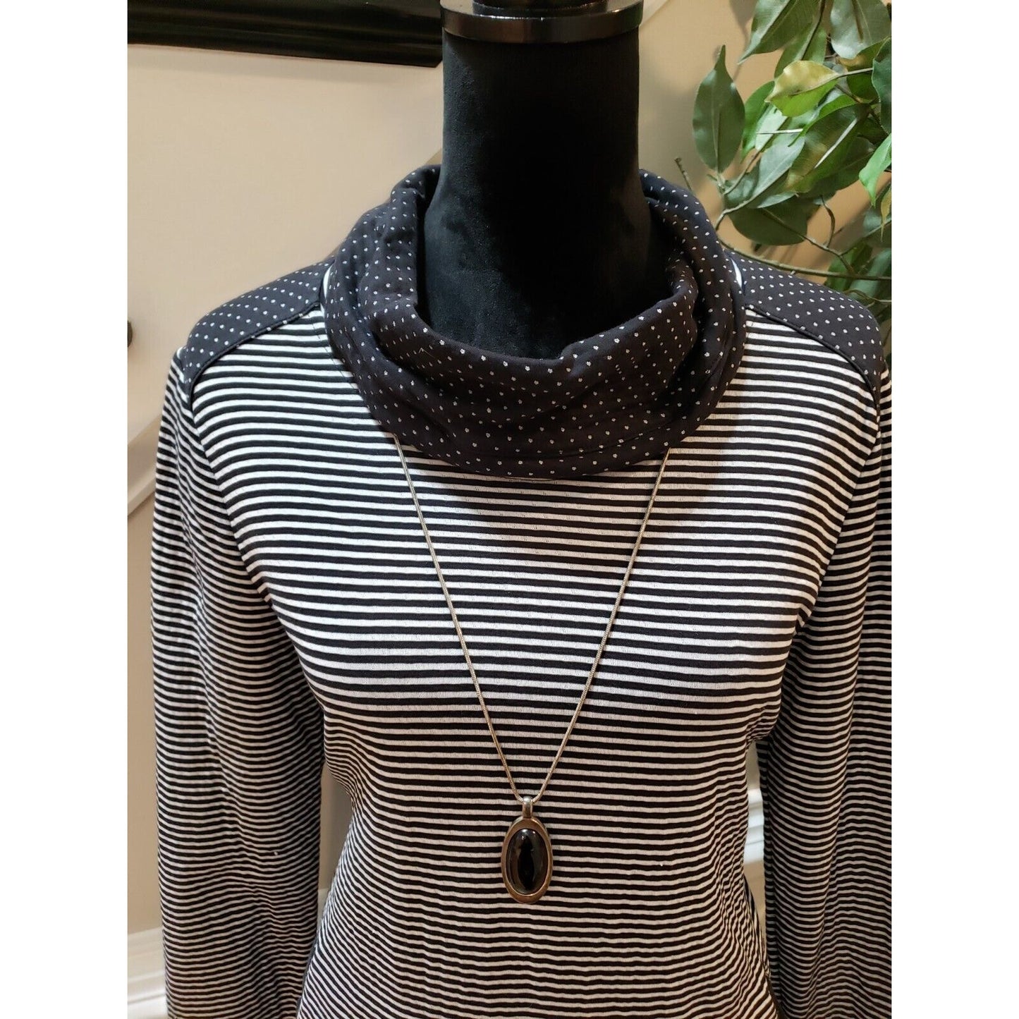 Weekends by Chico's Women's Black White Striped Long Sleeve Cowl Neck Sweater 1M