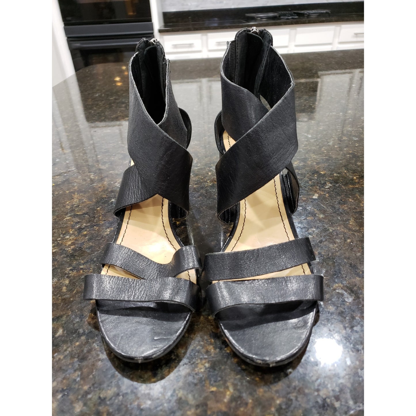 Audrey Brooke Sandal Womens Size 9 Black Leather Double Two Straps Block Heel