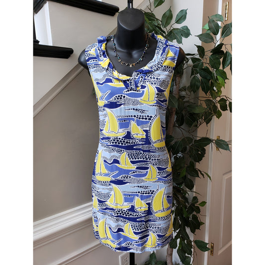 Crown & Ivy Sheath Dress Womens PS Multi Sailboat Print Sleeveless Ruffled Neck
