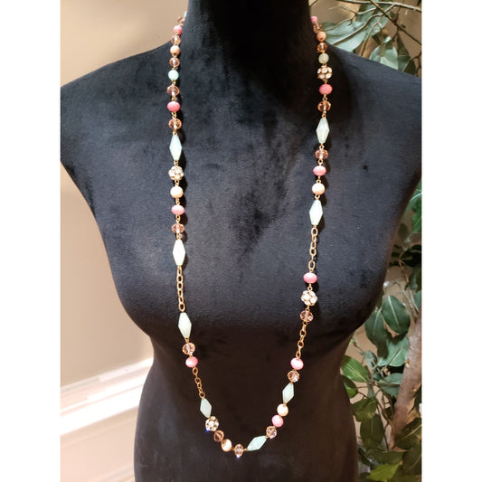 Womens Gold Tone Multi Stone Acrylic Glass Beads Linked Long Necklace w/ Lobster