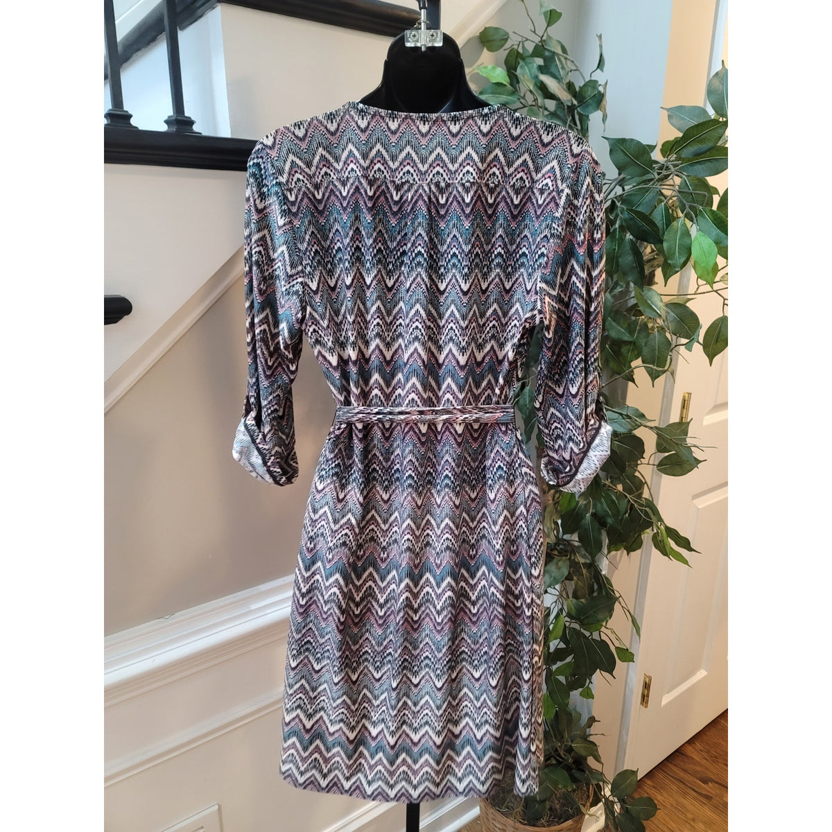 Tacera Dress Womens Small Multicolor Chevron Print V Neck Belted Long Sleeves