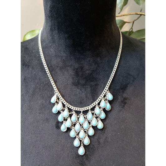 Women Silver Tone Teardrop Bazel-set Blue Bubble Beads Crochet Link Bib Necklace