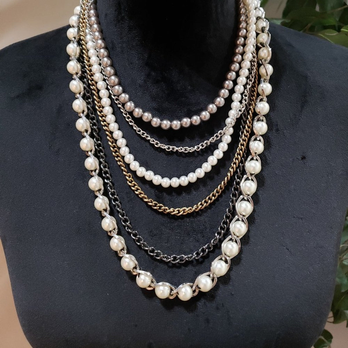 Women Fashion Faux Pearls Multi Strand Chain Statement Necklace Lobster Clasp