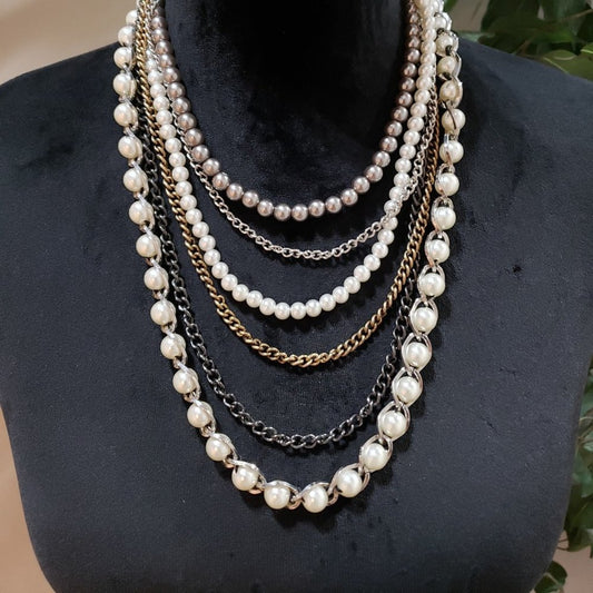 Women Fashion Faux Pearls Multi Strand Chain Statement Necklace Lobster Clasp