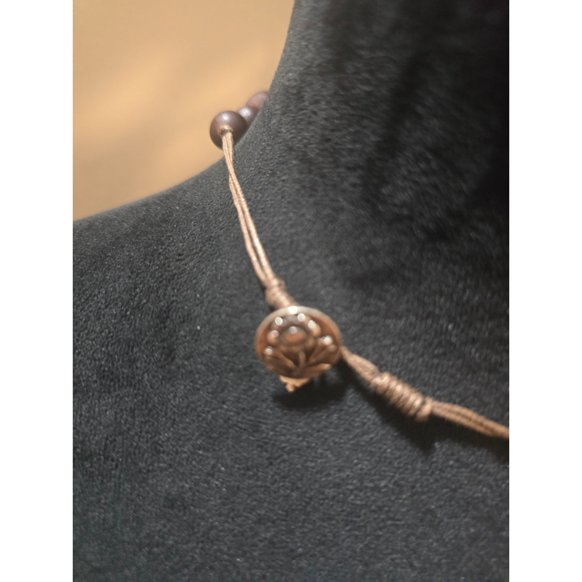 Women's Handcrafted Wooden Bead Necklace With Floral Button Loop Lock