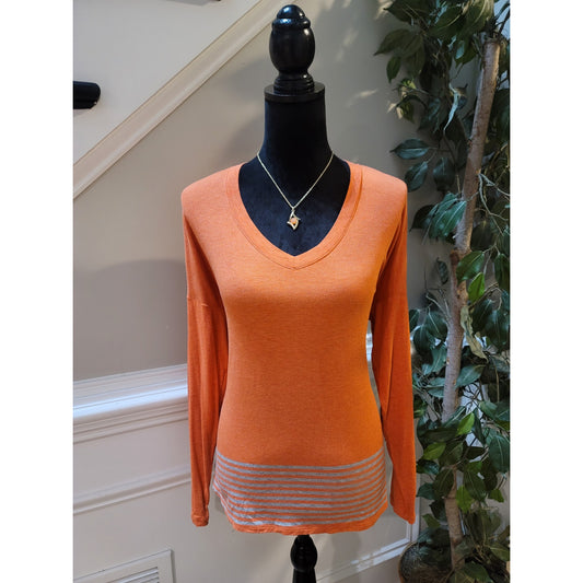 Cabi Hangout Tee Women's Size XS Orange Gray Strips V Neck Jersey Long Sleeve