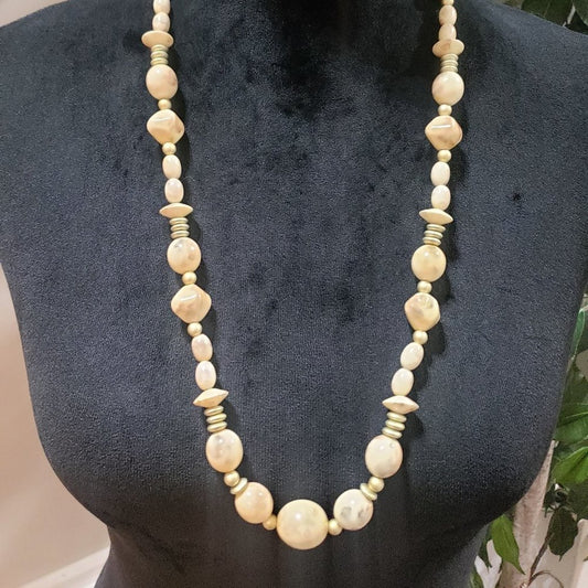 Womens Fashion Beige Chunky Round Beaded Necklace Jewellery w/ Lobster Clasp