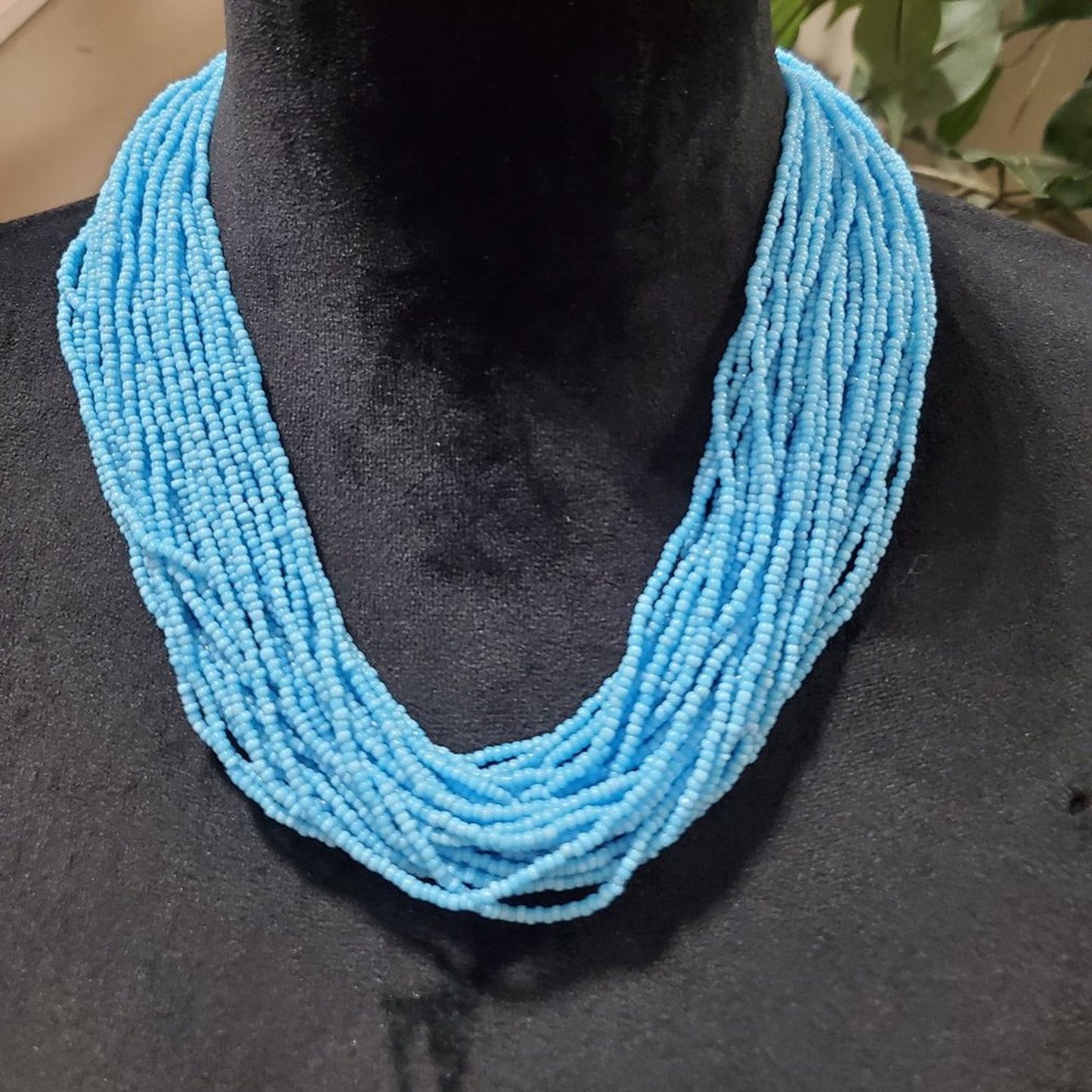 Womens Fashion Blue Seed Bead Multi Strand Collar Necklace with Lobster Clasp